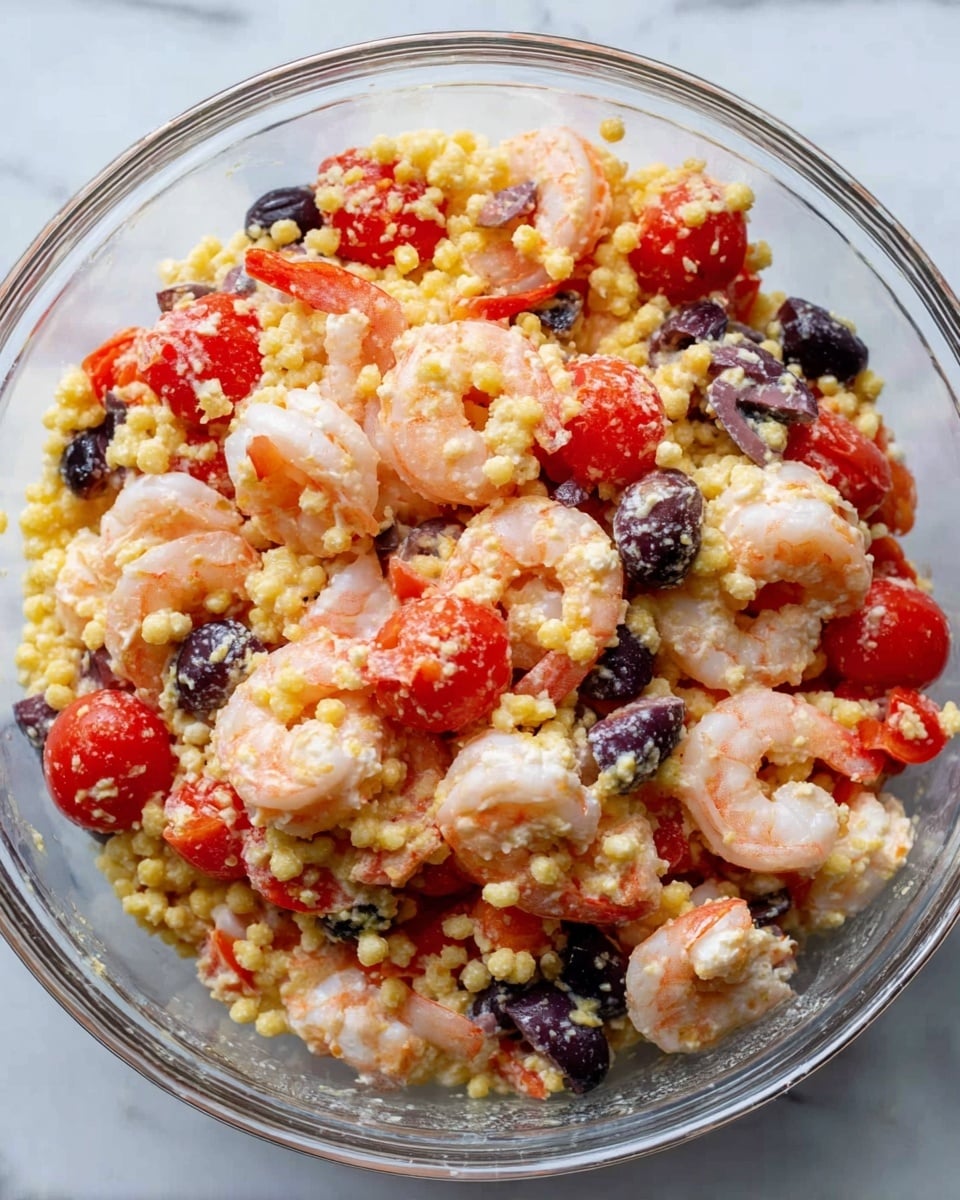 The image shows a clear glass bowl filled with a salad made of three main layers mixed together: pale pink cooked shrimp, bright red halved cherry tomatoes, small round yellow couscous grains, and black sliced olives. The ingredients are evenly spread inside the bowl, giving a colorful mix of yellow, red, pink, and black textures. The bowl is placed on a white marbled surface. photo taken with an iphone --ar 4:5 --v 7