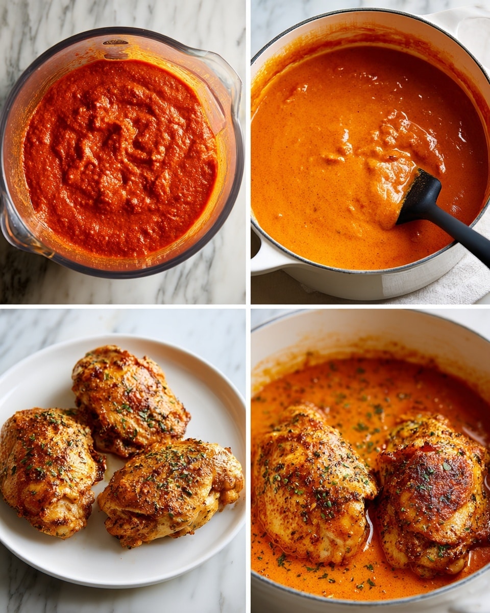 A white pot with black handles holds a thick red-orange creamy sauce filling the pot almost to the top. Inside the sauce are three large pieces of chicken, visible by their slightly lifted curved shapes covered in the sauce. The sauce is speckled with black pepper and some grated white cheese sprinkled across the surface. Three fresh green basil leaves, each on one chicken piece, add a pop of color on top. The pot sits on a white marbled surface. Photo taken with an iphone --ar 4:5 --v 7