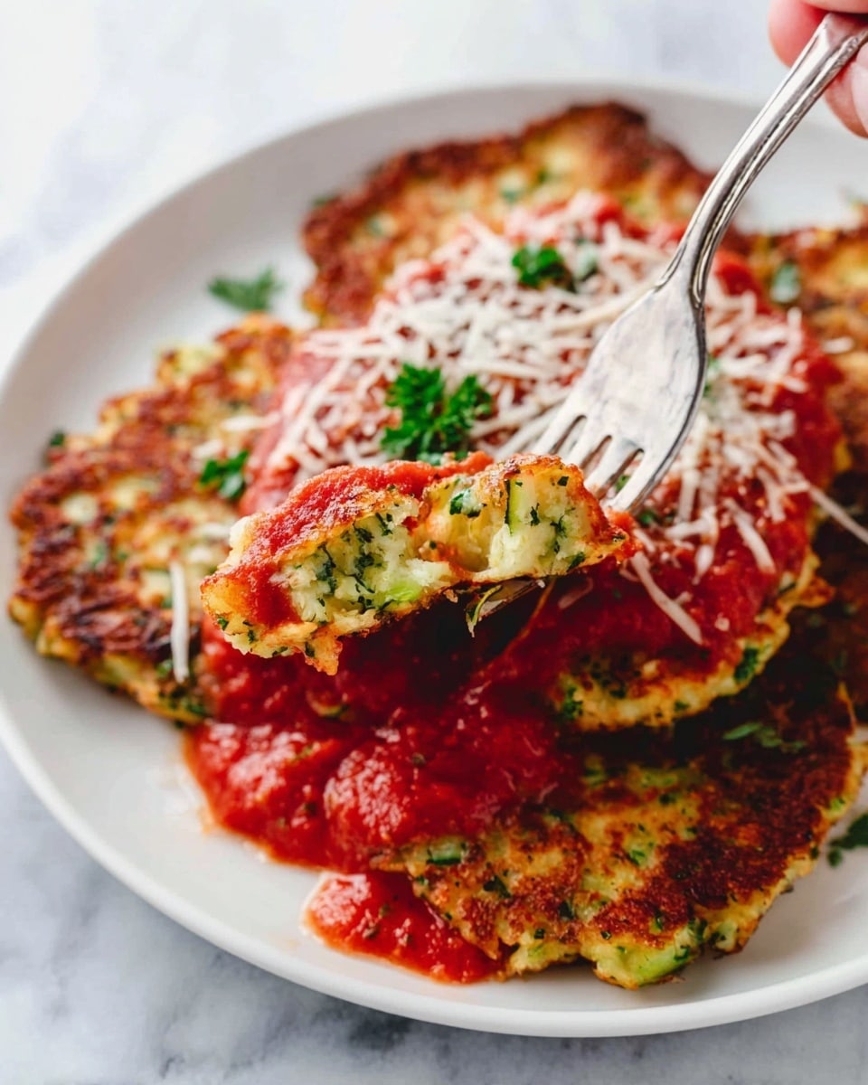 The image shows a white plate with crispy golden-brown fritters layered with finely chopped green herbs inside. A rich red tomato sauce with visible chunks covers the fritters, topped with shredded white cheese and small green parsley leaves. A woman's hand is holding a silver fork lifting one fritter close to the camera, showing its soft and green-speckled inside texture. The plate sits on a white marbled surface. photo taken with an iphone --ar 4:5 --v 7