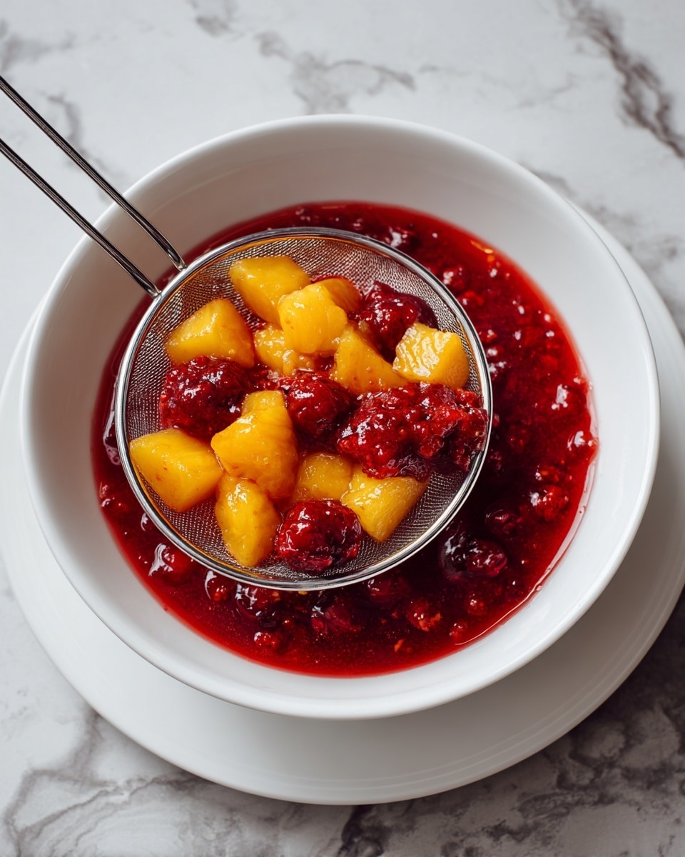 A white bowl filled with bright red liquid sits on a white marbled surface. A metal mesh strainer is placed over the bowl, holding pieces of yellow-orange fruit and mashed red berries inside. The strainer handle extends out towards the left side of the image. In the top left corner, there is a black circle with a white number
