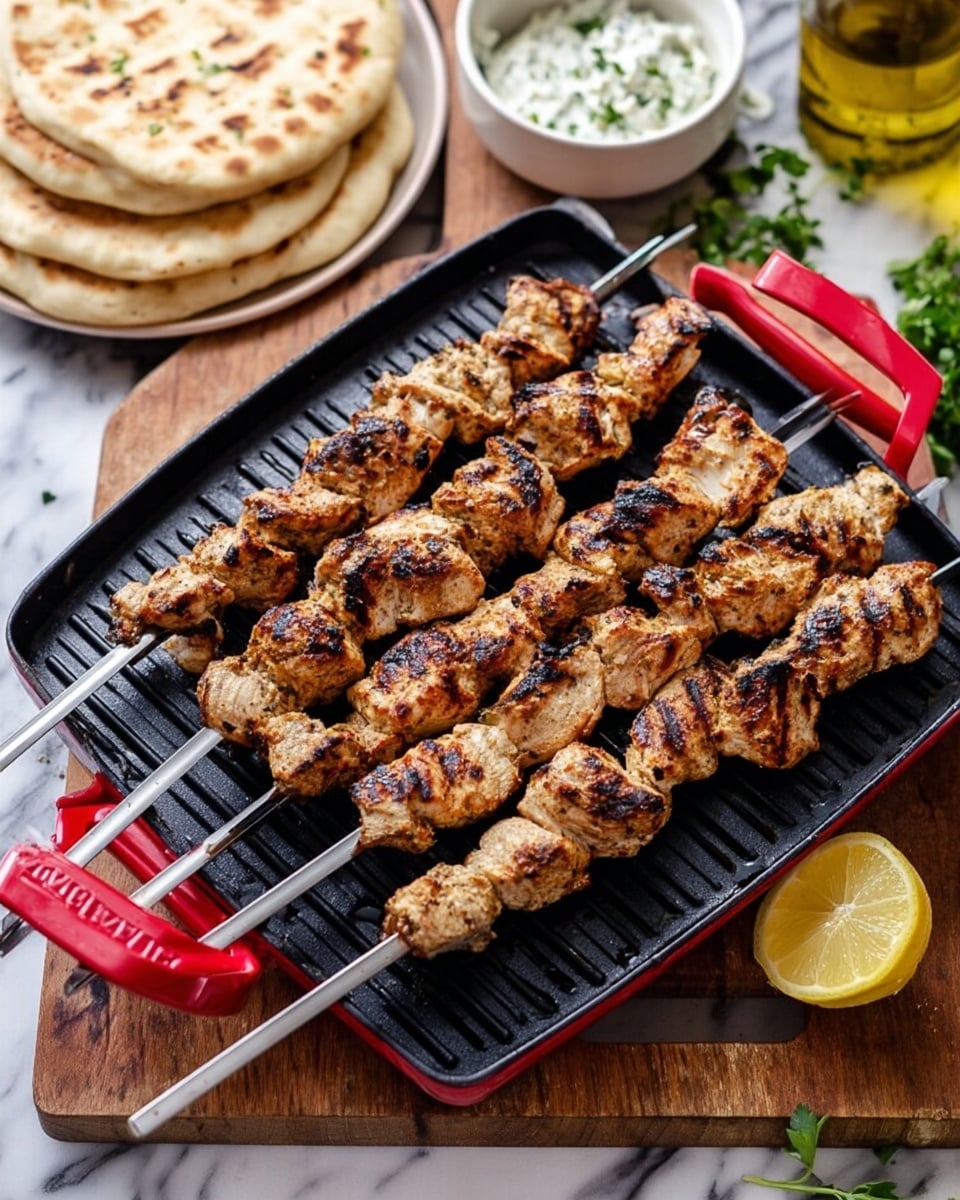 The image shows six metal skewers lined up on a square black grill pan with red handles, each skewer loaded with multiple chunks of grilled chicken that have a light brown color with darker grill marks, giving a juicy and tender look. The grill pan sits on a wooden surface with a white marbled texture background. To the upper left, there are two round flatbreads stacked with a soft golden color, and in the upper center, a small white bowl contains a greenish-white sauce, likely tzatziki. A yellow lemon wedge sits near the bottom right corner of the pan, accompanied by sprigs of fresh green herbs scattered around. In the far background, a clear bottle of olive oil and a white bowl with fresh green herbs are visible. Photo taken with an iphone --ar 4:5 --v 7