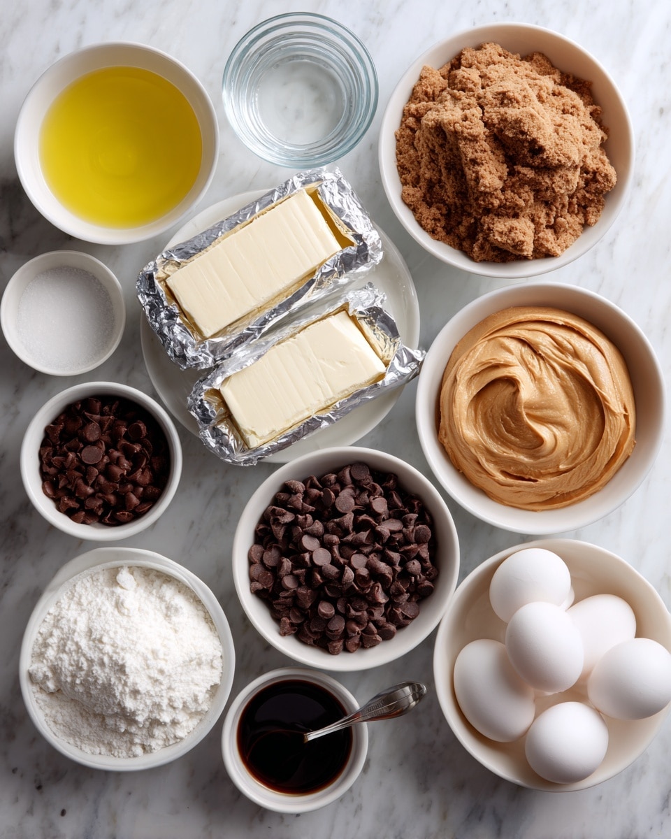 The image shows nine white bowls and containers arranged on a white marbled surface, each with a different baking ingredient. There is a white bowl with light yellow oil at the top left, a white bowl filled with light brown brownie mix at the top right, and a clear glass bowl with water near the center-left. Two blocks of cream cheese wrapped in silver foil are placed in the center. A white bowl with smooth, creamy peanut butter is on the right side. A white bowl with dark brown chocolate chips is near the bottom left, with a small metal spoon containing dark vanilla extract below it. A white bowl filled with white sugar is close to the bottom center, and a white bowl with three whole white eggs is at the bottom right. The ingredients are neatly organized and labeled with clear, bold text. Photo taken with an iphone --ar 4:5 --v 7