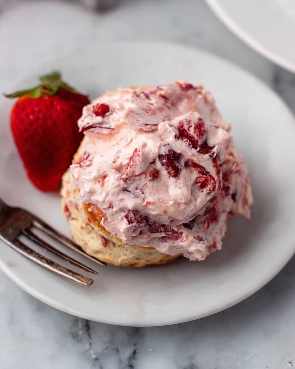 A white plate holds a single piece of biscuit topped generously with a thick layer of light pink cream mixed with red fruit bits, giving the cream a textured and slightly uneven appearance. Next to the biscuit, there is a half strawberry with a green top. A silver fork rests at the bottom left of the plate. The setting has a white marbled surface. photo taken with an iphone --ar 4:5 --v 7