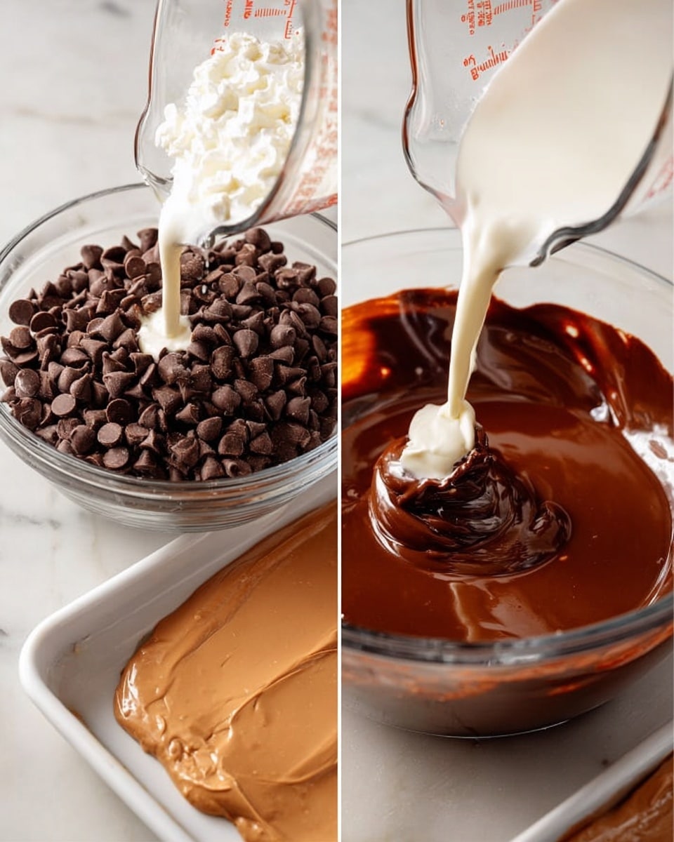 The image shows two side-by-side photos of making a chocolate sauce. On the left, a clear glass bowl filled with dark brown chocolate chips rests on a white marbled surface, with a transparent measuring jug pouring white cream over the chips. On the right, a close-up of the same bowl now filled with smooth, melted dark chocolate is shown, while a spoon is stirring the mix. Below this bowl, a white tray with a light brown spread is visible, and the chocolate sauce is being poured over this spread. photo taken with an iphone --ar 4:5 --v 7