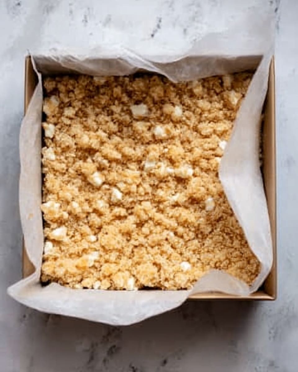 The image shows a square baking pan lined with white parchment paper, partially peeled back from the corner to reveal a thick layer of a light golden, crumbly mixture with small white chunks mixed throughout, resembling a crispy topping. The baking pan is placed on a white marbled surface. The crumbly layer looks even and covers the entire base of the pan. photo taken with an iphone --ar 4:5 --v 7