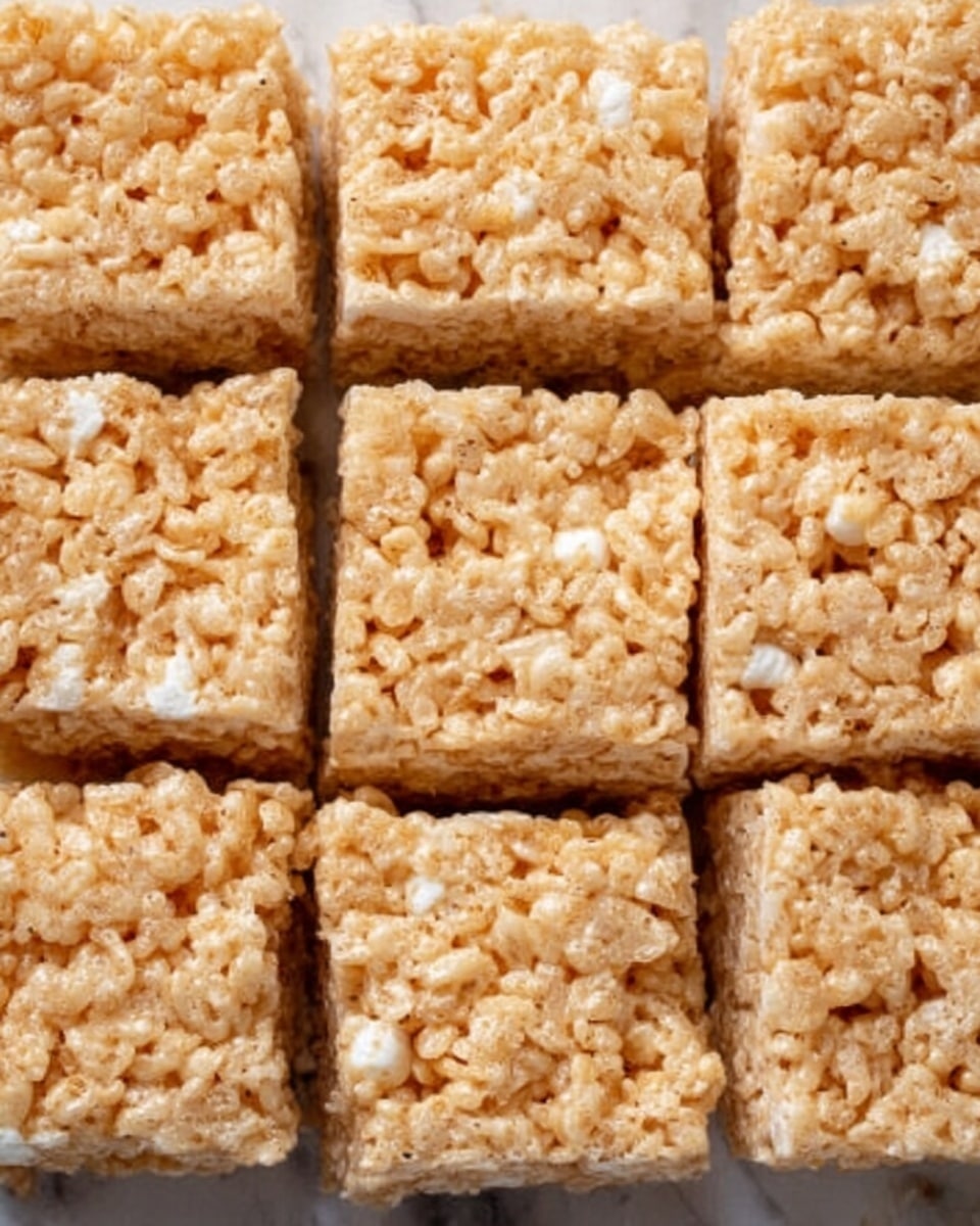 The image shows nine square pieces of light golden-colored rice crispy treats arranged closely together on a white marbled surface. Each square has a rough, crunchy texture with small white marshmallow bits visible within the crispy rice layers. The treats have slightly uneven edges, giving a homemade feel. The overall color is a soft beige with white specks scattered throughout. The pieces are neatly aligned in a 3x3 grid, filling the frame evenly. photo taken with an iphone --ar 4:5 --v 7