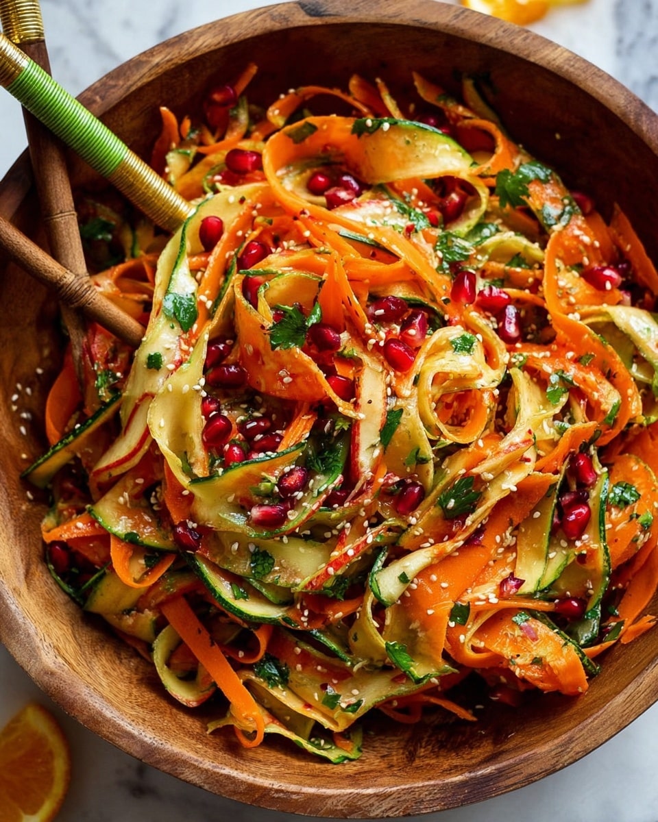 A wooden bowl filled with thin, long ribbons of orange carrot and pale green zucchini mixed with thin slices of red apple, all tossed together with scattered bright red pomegranate seeds and chopped green herbs, sprinkled lightly with sesame seeds. Two chopsticks with green and yellow bands rest inside the bowl, which sits on a white marbled surface with a small orange wedge visible in the background. The texture shows a fresh and vibrant mix of soft, smooth, and slightly crisp layers. photo taken with an iphone --ar 4:5 --v 7