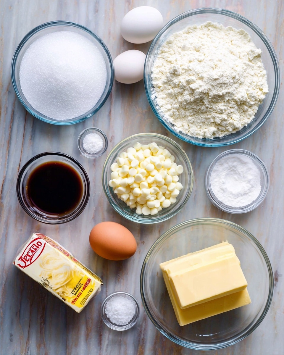 A top view of several clear glass bowls arranged on a white marbled surface, each containing different baking ingredients. One bowl is filled with bright white granulated sugar, another with white small round chocolate chips, and a larger bowl holds white flour with a soft, powdery texture. There's a bowl with two blocks of pale yellow butter stacked softly. Nearby is a white egg, and small bowls with white salt and baking powder granules. A small bowl of dark brown vanilla extract is near the center. A yellow and white box of banana cream JELL-O sits on the surface. All bowls have simple, clean shapes. photo taken with an iphone --ar 4:5 --v 7