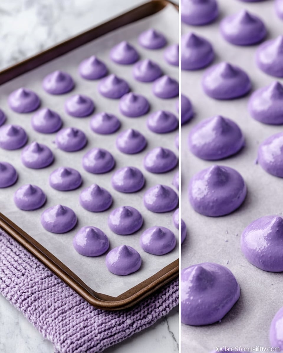 The image shows a baking tray filled with many small dollops of smooth, shiny purple batter evenly spaced on white parchment paper, ready to be baked. Each dollop is round with a slight peak on top, showing a creamy and glossy texture. The tray is placed on a white marbled surface, and there is a light purple knitted cloth next to it on the right side. The right side of the image is a close-up that highlights the smooth surface and vibrant lavender color of the batter dollops, showing their uniform size and shape. photo taken with an iphone --ar 4:5 --v 7