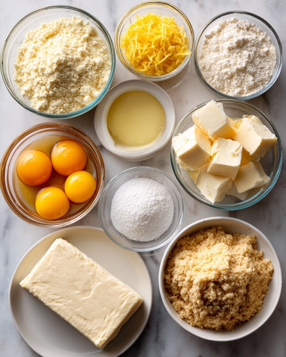 A white marbled surface holds nine small clear glass bowls and one white plate arranged in a neat layout, each filled with different ingredients. At the top left is a small bowl of pale yellow coconut flour, next to it on the right is a small bowl with bright yellow lemon zest. Below the coconut flour is a large bowl full of raw eggs, showing bright yellow yolks in clear whites, and just right of it is a small bowl with pale yellow lemon juice. Centered below the lemon zest is a small bowl of granulated white sweetener, and next to it on the right is a small bowl with two chunks of pale yellow butter. Below the eggs is a medium bowl filled with coarsely ground almond flour in tan color, while below the sweetener and butter is a small bowl of white baking powder. A white plate in the center bottom holds a rectangular block of smooth, creamy white cream cheese. The photo taken with an iphone --ar 4:5 --v 7