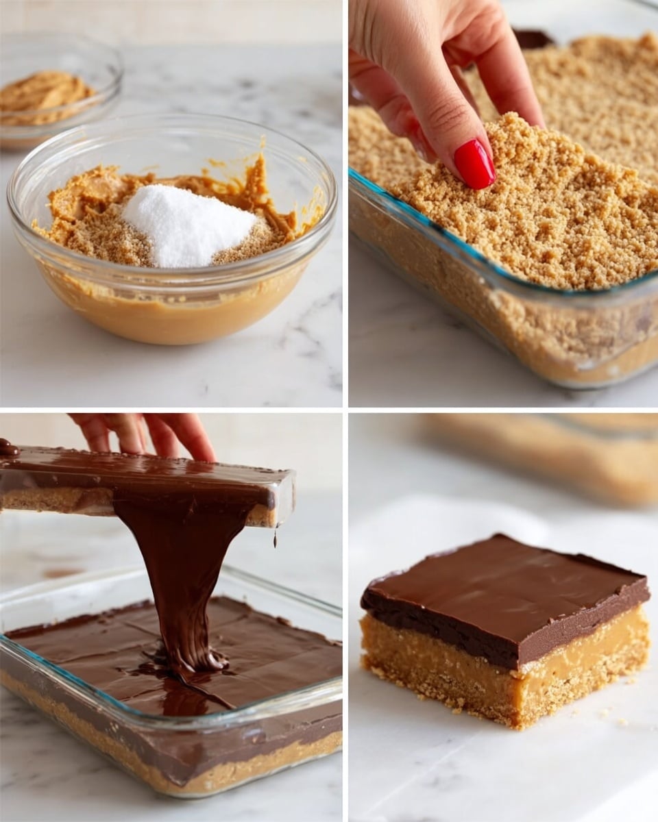 The set of four images shows the process of making a layered dessert bar on a white marbled surface. In the first image, a clear glass bowl holds a light tan peanut butter mixture with white and brown sugar close by. The second image shows a woman's hand with red nail polish pressing down a thick, crumbly, light brown layer evenly inside a clear glass baking dish. In the third image, smooth dark brown melted chocolate is being poured evenly over the peanut butter layer in the same clear dish. The final image displays a single square piece of the dessert bar with a thick light brown bottom layer and a smooth dark brown top layer sitting on the white marbled surface. Photo taken with an iphone --ar 4:5 --v 7