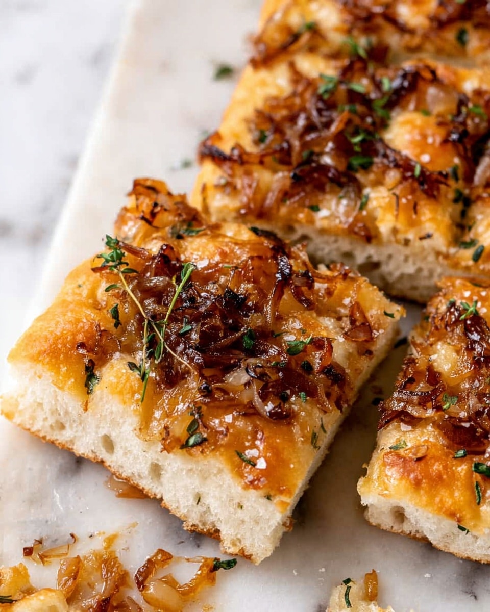 The image shows a piece of focaccia bread cut into square pieces, with a light golden-brown crust and a slightly soft and fluffy texture. The top layer is covered with caramelized onions that are a rich brown color, spread unevenly across the bread, and sprinkled with small green herb leaves, likely thyme. The bread surface has some coarse salt crystals visible, adding texture. The focaccia rests on a white marbled surface with some scattered bits of onions around. The photo is close-up, focusing on the detailed texture of the onions and bread. photo taken with an iphone --ar 4:5 --v 7