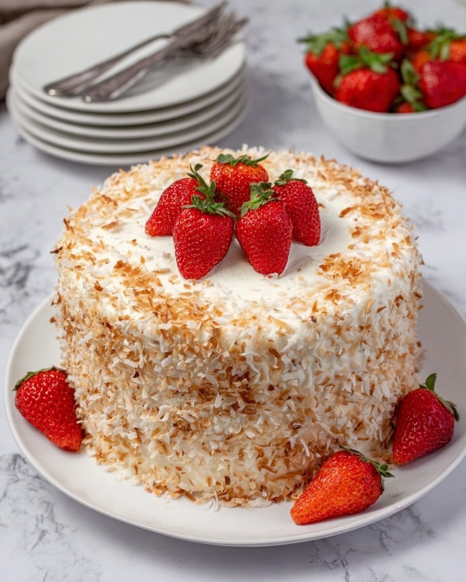 The image shows a round cake with three layers covered in smooth white frosting. The entire cake is coated with toasted shredded coconut, giving it a rough, golden-brown texture on the outside. On top, there are five large red strawberries with green leaves arranged in a small cluster at the center. Around the cake, there are a few more whole strawberries placed on a white plate, which sits on a white marbled surface. In the back, there is a white bowl filled with strawberries and stacked white plates with silver forks. photo taken with an iphone --ar 4:5 --v 7
