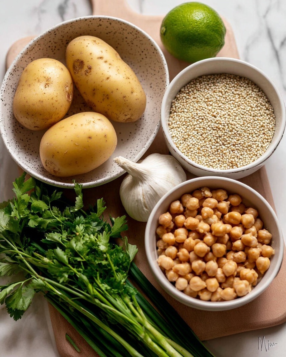The image shows a white speckled bowl containing three yellow potatoes, a white garlic bulb, and some green herbs at the bottom left. Above that bowl is another white bowl filled with small white quinoa seeds. A bright green lime sits on the white marbled surface next to fresh green herbs including parsley and green onions on the top right. At the bottom right, there is a white bowl filled with light brown chickpeas. The ingredients are arranged on a light brown cutting board placed on the white marbled surface. photo taken with an iphone --ar 4:5 --v 7