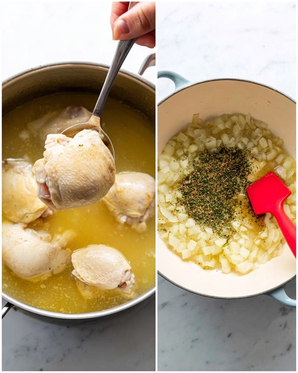 The image on the left shows a close-up of a metal pot filled with a light yellow broth and several light tan cooked pieces of chicken. A woman's hand is holding a spoon lifting a large piece of chicken from the broth, with the white marbled surface underneath barely visible. The image on the right shows a white pot on a white marbled surface, filled with diced onions frying in oil, with a red silicone spatula stirring in green dried herbs on top of the onions. The onions are soft and light yellow in color with the herbs sprinkled near the center. photo taken with an iphone --ar 4:5 --v 7