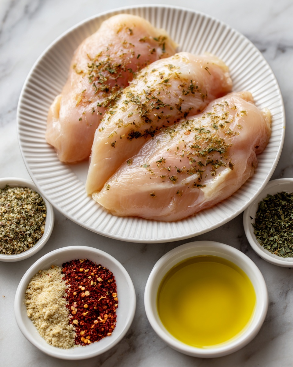 The image shows two raw chicken pieces placed side by side on a white, ridged round plate at the center. Below the chicken, there are three small white bowls arranged in a loose triangular shape on a white marbled surface: the left bowl contains a mix of Italian seasoning, garlic powder, and chili powder with layered colors of green, beige, and red; the top right bowl has dried parsley which is dark green and finely ground; the bottom right bowl is filled with olive oil that is bright yellow-green and smooth in texture. Above the chicken, the text “BONELESS CHICKEN BREAST” is written in dark color. photo taken with an iphone --ar 4:5 --v 7