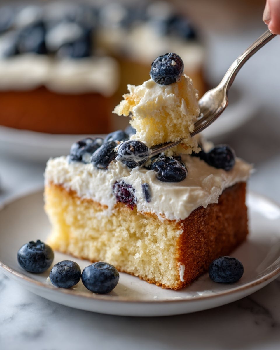 A close-up image showing a piece of yellow cake with a soft texture on a silver fork held by a woman's hand. The main cake slice on a white plate has a light brown crust and is topped with a thick layer of white cream and several plump dark blueberries scattered around. The background features a white marbled surface, creating a clean and bright setting. photo taken with an iphone --ar 4:5 --v 7