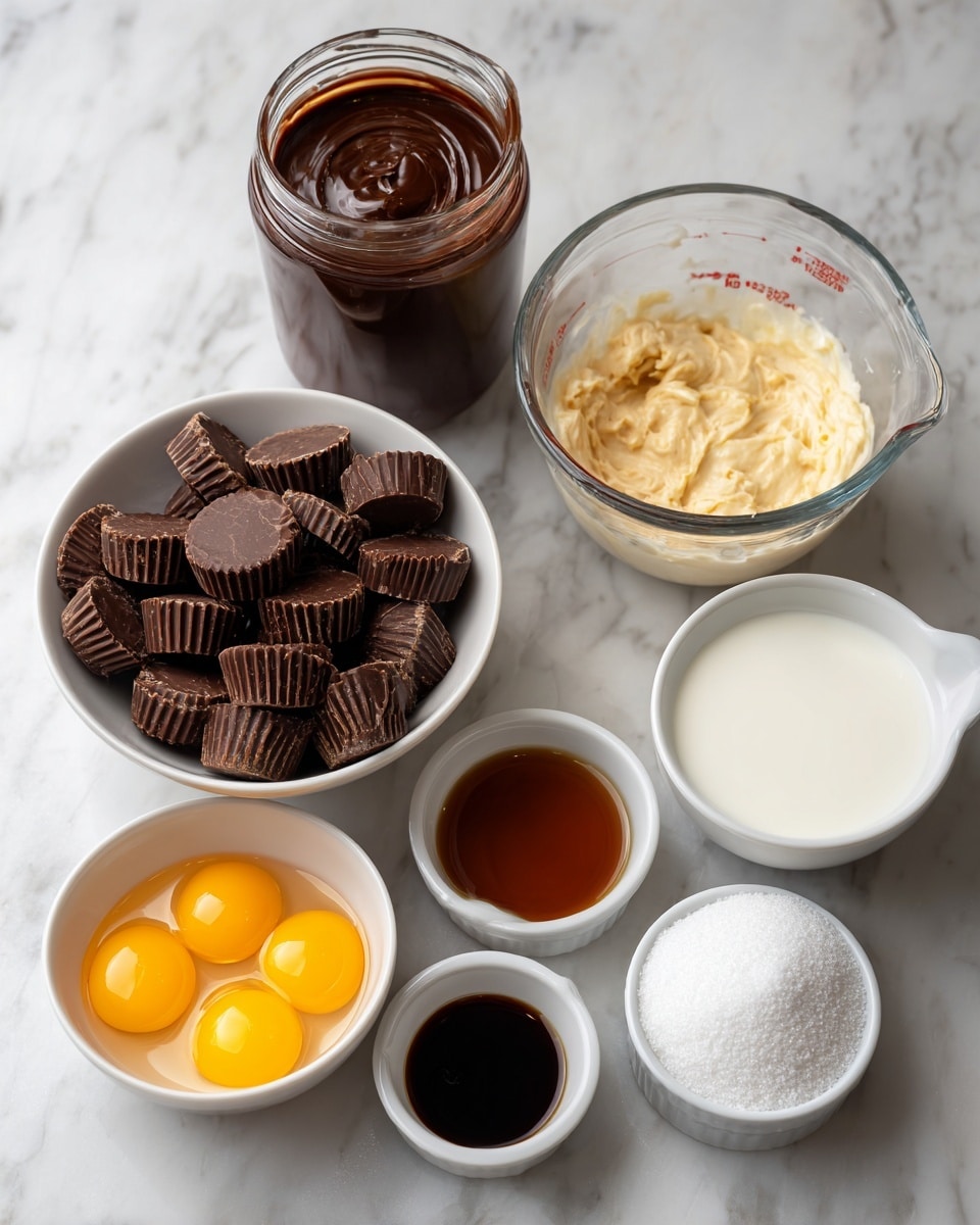 The image shows seven small white bowls and glasses arranged on a white marbled surface, each filled with different ingredients. Starting from the top left, there is a glass jar filled with thick, dark brown hot fudge sauce. Below it, a white bowl is filled with many small chocolate peanut butter cups. To the right of the jar, a clear glass measuring cup contains creamy, off-white heavy cream. Beneath that, another clear glass measuring cup holds white whole milk. Near the bottom left is a small white bowl with four bright yellow egg yolks. Next to it on the right is another white bowl filled with white granulated sugar. Finally, a small white bowl near the middle contains a dark brown liquid vanilla extract. Each item is labeled with text above or below the container. Photo taken with an iphone --ar 4:5 --v 7