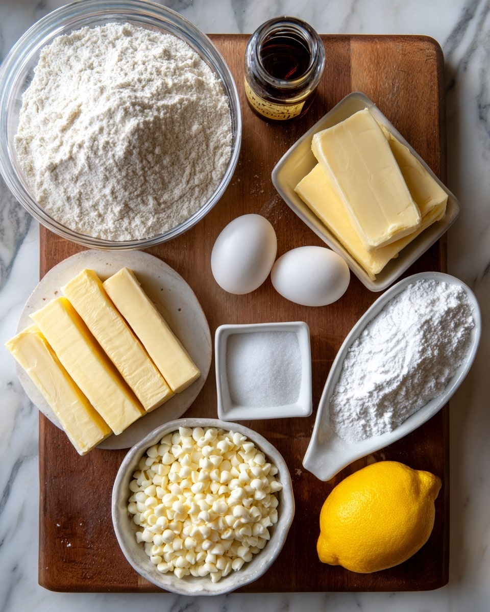 The image shows ingredients for baking arranged neatly on a wooden surface with labels. There is a large clear glass bowl filled with white all-purpose flour at the top left, two rectangular sticks of light yellow butter below it, two white eggs side by side nearby, and a small square white dish with white salt in the center. To the right of the flour, there is a small white round bowl with white granulated sugar, a bottle of vanilla extract standing upright, a white oval dish filled with white chocolate chips, and a small white square plate with white powdered sugar. Lastly, a whole yellow lemon is placed at the bottom right corner. The background is changed to a white marbled texture. photo taken with an iphone --ar 4:5 --v 7