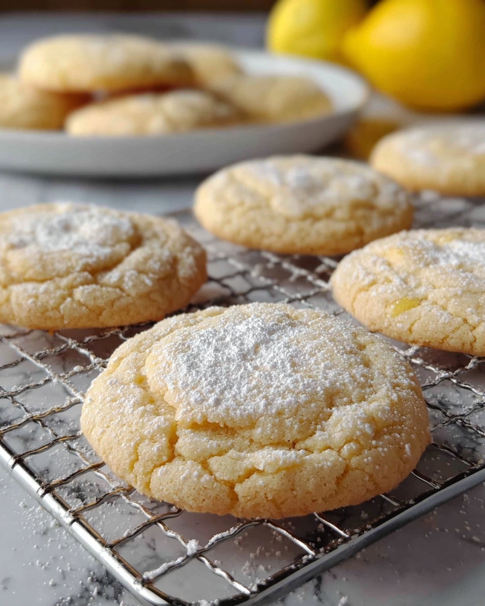 The image shows six round lemon cookies resting on a wire cooling rack with a white marbled background. The cookies have a light golden brown color with a soft, slightly cracked texture on top, and each one is dusted with a fine layer of powdered sugar, giving them a snowy appearance. In the background, there is a white plate with more cookies slightly out of focus and a few bright yellow lemons on the right side, adding a fresh and vibrant touch. The photo has a soft natural light, making the cookies look fresh and inviting. photo taken with an iphone --ar 4:5 --v 7