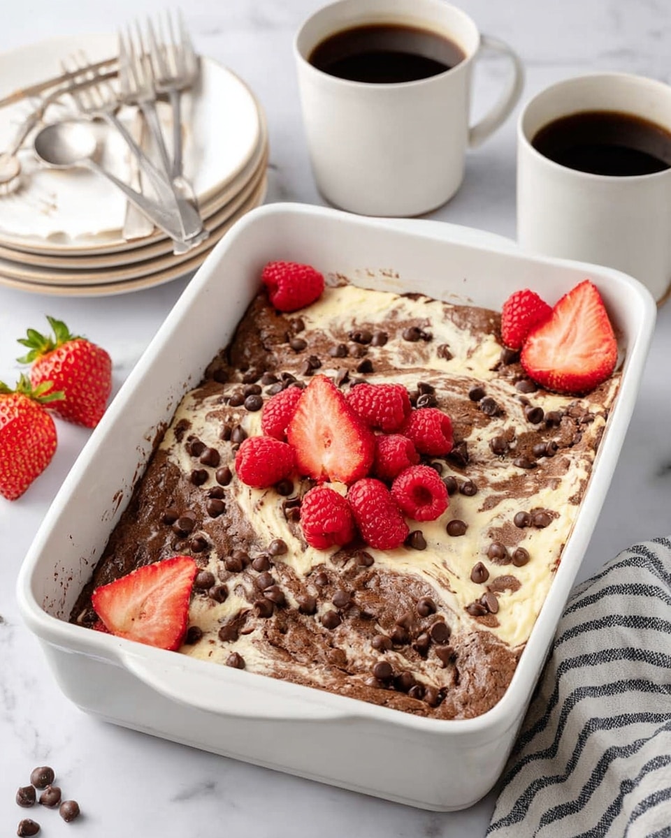 The image shows a white rectangular baking dish filled with a baked dessert that has a marbled top layer of light cream and dark brown chocolate swirls, with many small dark chocolate chips scattered across the surface. On top of the dessert, fresh strawberries sliced in half and whole raspberries are placed in clusters at three corners, adding bright red and green colors. Behind the dish, there are two white mugs filled with black coffee and a stack of white plates with small forks on top, resting on a white marbled surface. A striped cloth is partially visible in the foreground photo taken with an iphone --ar 4:5 --v 7