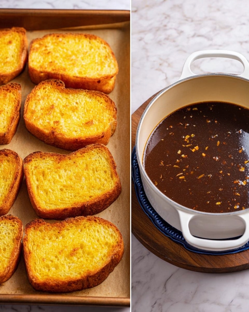 The image shows two side-by-side views: on the left, eight slices of golden-yellow toasted bread laid out evenly on a baking tray lined with brown parchment paper, the toast having a slightly rough texture and a toasted crust; on the right, a white saucepan filled with dark brown liquid sauce, with small bits of seasoning floating on the surface, sitting on a blue and white trivet on a white marbled textured surface. photo taken with an iphone --ar 4:5 --v 7