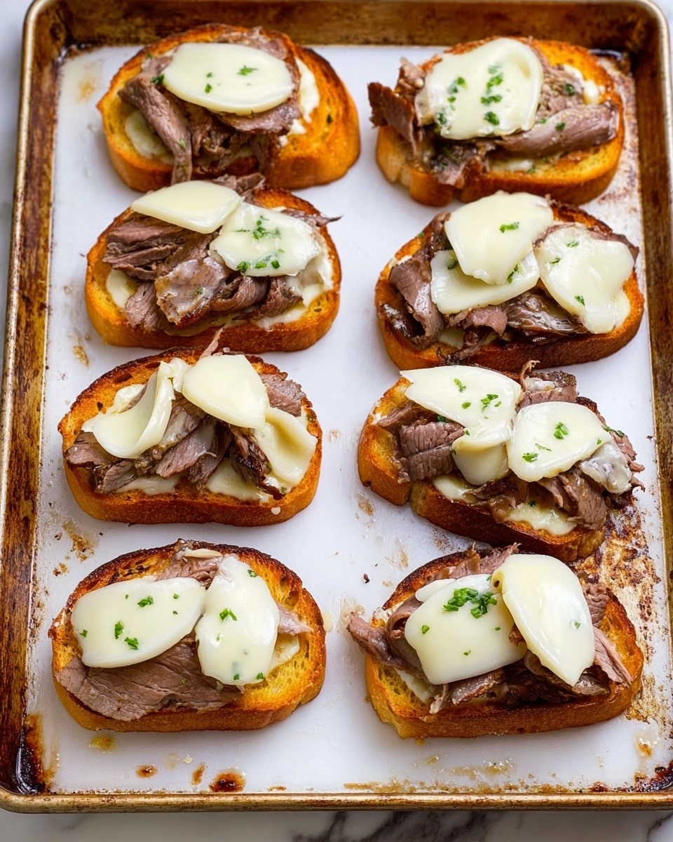The image shows a baking tray with seven open-faced sandwiches arranged in two rows on a white marbled surface, each with three layers. The bottom layer is a thick slice of golden toasted bread with a slightly crispy texture. The middle layer is folded slices of light brown roast beef piled unevenly, adding texture with slight air pockets. The top layer consists of semi-melted white cheese on each sandwich, smooth and creamy, some slices still retaining their round shape. The tray itself has a slightly worn look with small oil spots around the sandwiches. Photo taken with an iphone --ar 4:5 --v 7