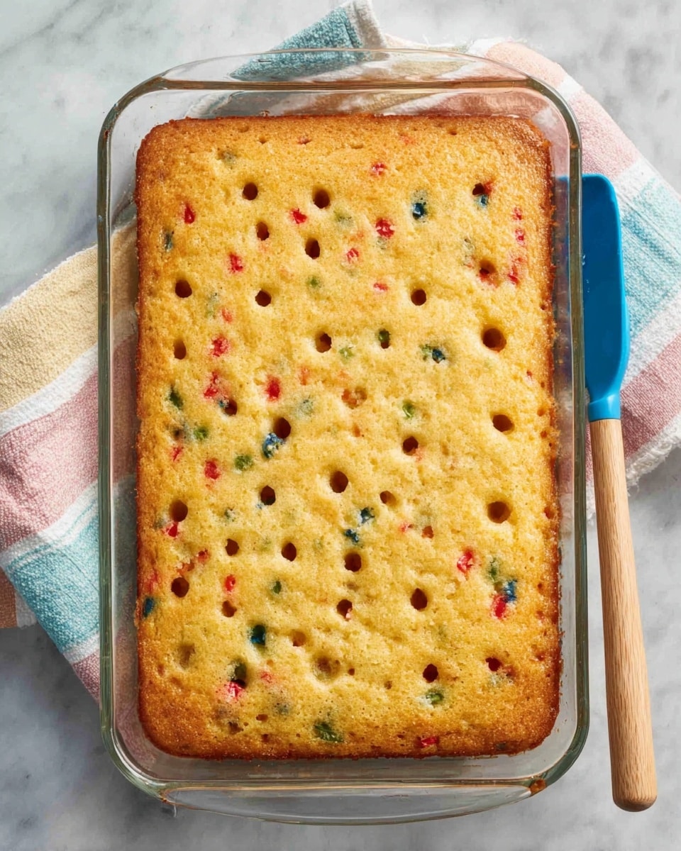 A rectangular baked cake in a clear glass dish with a golden brown top layer, dotted evenly with small circular holes revealing colorful bits of red, green, and blue throughout the light yellow cake. The cake has a slightly textured surface showing a moist and soft crumb inside. A blue spatula with a wooden handle rests on the top right edge of the dish. The dish sits on a white marbled surface with a pastel striped cloth nearby. Photo taken with an iphone --ar 4:5 --v 7