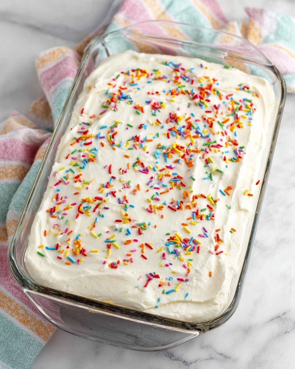 A clear glass rectangular dish filled with a creamy white cake layer topped with smooth white frosting. The frosting covers the entire surface evenly with light texture and is sprinkled with colorful long thin sprinkles in red, green, blue, orange, purple, and yellow, spread all over the top. The dish is placed on a white marbled surface with a pastel striped cloth behind it. Photo taken with an iphone --ar 4:5 --v 7