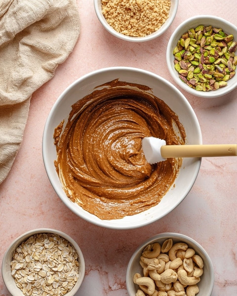 The image shows a white bowl in the center with thick brown nut butter mixture inside, swirled smoothly. A white spatula with a beige handle rests inside the bowl, partially covered with the mixture. Around the main bowl, four smaller white bowls are arranged, each with different ingredients: one with light brown ground nuts, another with green pistachio nuts, one with beige cashew nuts, and the last with pale rolled oats. The bowls are on a soft pink surface, but the surface is changed to a white marbled texture. A beige cloth napkin is folded and placed near the upper left corner. The photo taken with an iphone --ar 4:5 --v 7