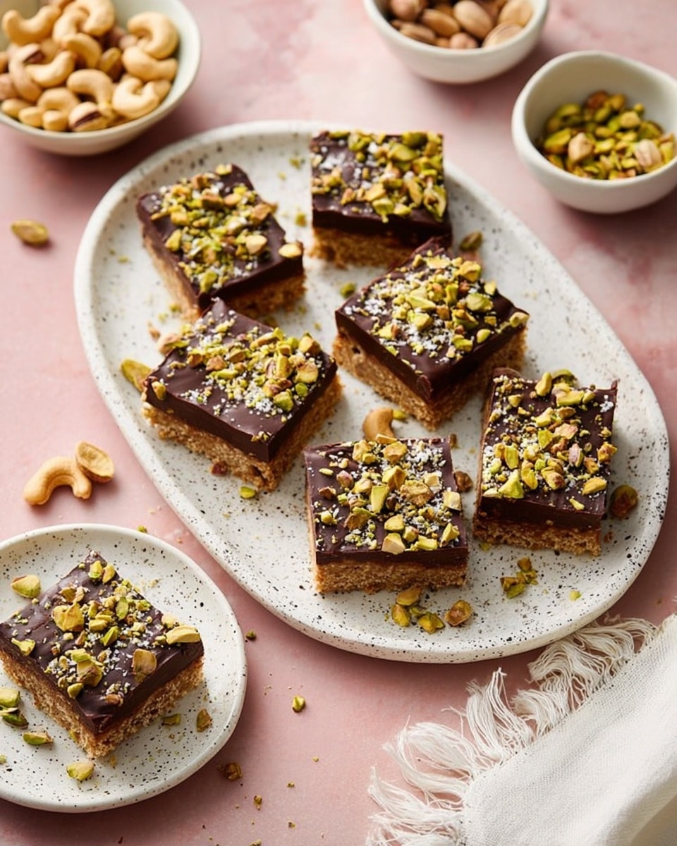 The image shows eight square dessert bars arranged on a large white speckled oval plate, placed on a soft pink background with a white marbled texture. Each dessert bar has three layers: a bottom light brown nutty and crumbly base, a middle dark chocolate layer that is smooth and glossy, and a topping of scattered chopped pistachios with a sprinkle of coarse salt. Beside the large plate, there is a smaller white speckled round plate holding one dessert bar with pistachios around it. Nearby, there is a small white bowl filled with whole cashews and a small white bowl full of pistachios, with some loose pistachios scattered on the surface. A soft white cloth with fringed edges is placed at the corner. The photo taken with an iphone --ar 4:5 --v 7