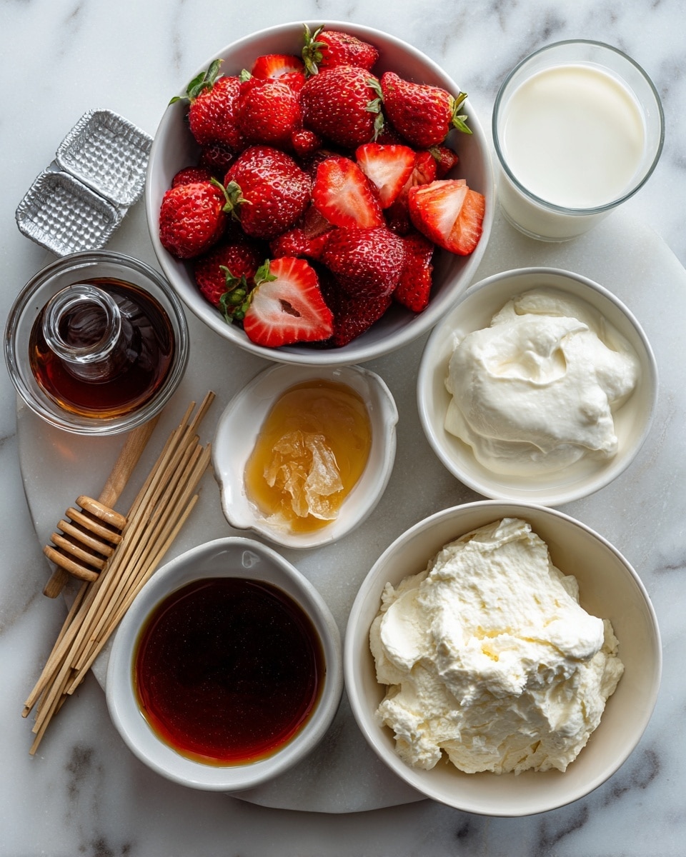 A top view of several white bowls and a glass placed on a white marbled surface, each containing different ingredients: one bowl filled with fresh, whole and sliced red strawberries, another bowl with creamy white Greek yogurt, a small bottle with dark brown vanilla extract, a white bowl with a portion of cream cheese and a small amount of golden honey or other sweetener, and a clear glass filled with white milk. Nearby, a silver ice cube tray and a small pile of light wooden sticks rest on the surface. photo taken with an iphone --ar 4:5 --v 7