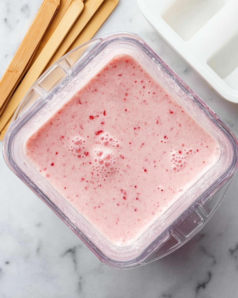 The image shows a clear square blender container filled with a light pink, frothy liquid with small red specks spread throughout. The top layer is bubbly with various sizes of bubbles visible near the surface. The container rests on a white marbled surface, with wooden sticks on the left side and a clear white ice tray on the upper right side. The overall texture of the liquid looks smooth and creamy with tiny bits floating in it. Photo taken with an iphone --ar 4:5 --v 7
