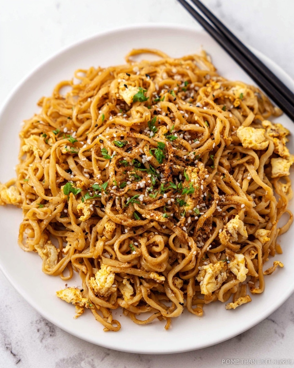 A white plate holds a large pile of brown noodles mixed with small pieces of light beige cooked egg. The noodles look soft and slightly shiny, and black pepper specks are scattered on top and throughout. Small green herb bits are also sprinkled over the noodles, adding a touch of color. Two black chopsticks grasp some noodles from the top center of the pile. The plate sits on a gray cloth with a white marbled textured background behind it. photo taken with an iphone --ar 4:5 --v 7