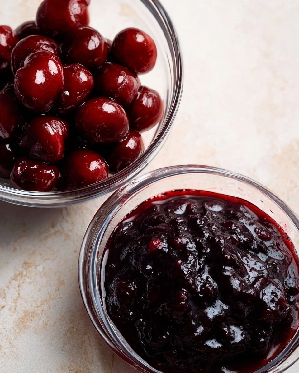 The image shows two clear glass bowls placed on a white marbled surface. The top right bowl contains whole dark red cherries soaked in a glossy deep red syrup, showing the round shapes of the cherries clearly. The bottom left bowl holds a thick, dark purple cherry sauce with a chunky texture and a shiny surface, filling the bowl almost to the top. The overall colors are dark reds and purples with the clear bowls revealing the rich, glossy textures inside. Photo taken with an iphone --ar 4:5 --v 7