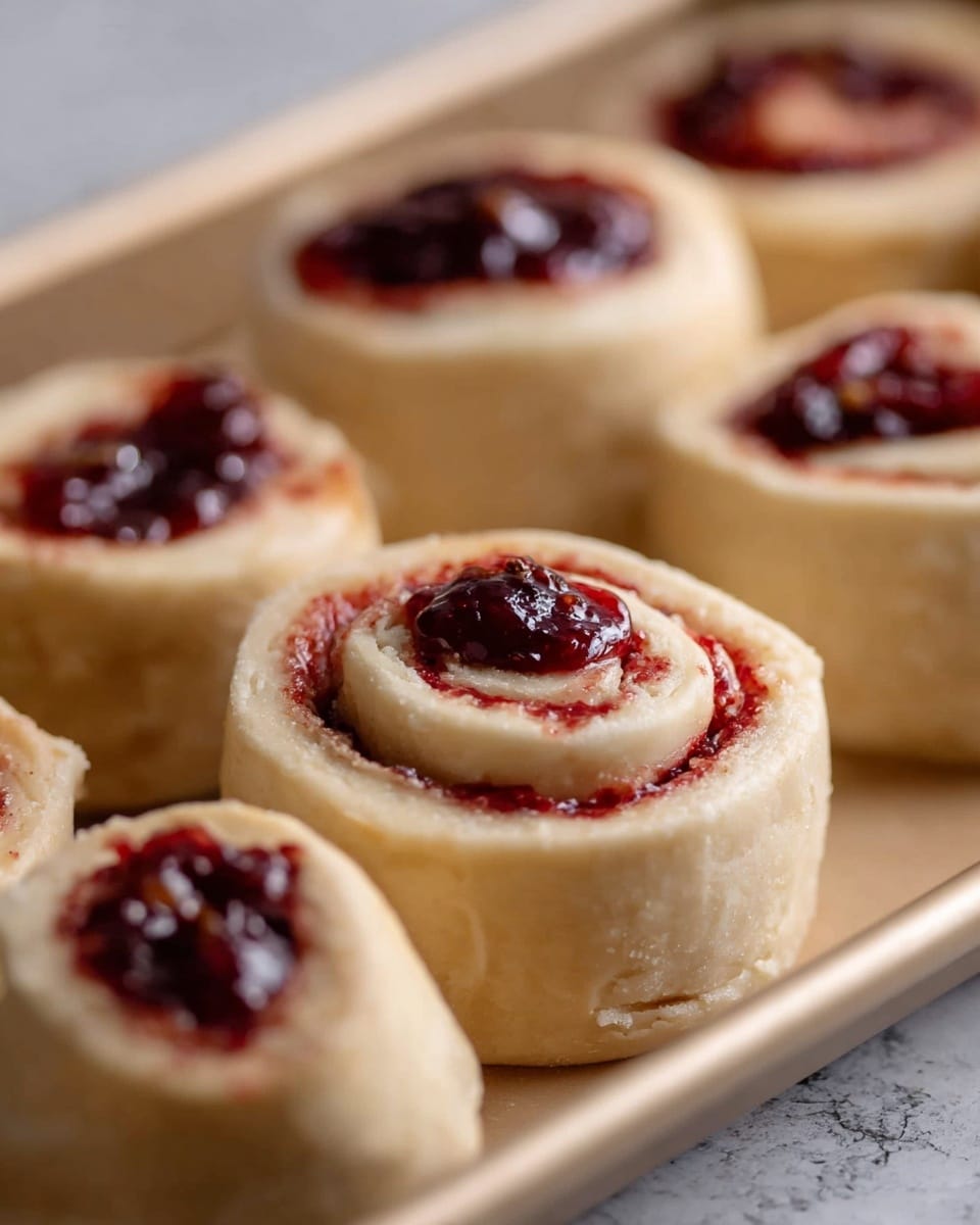The image shows several raw swirl pastries arranged closely together on a baking tray. Each pastry has three visible layers: the outer thick pale dough layer, a middle thin layer with a deep red jam spread evenly, and the top layer with a dollop of darker red jam centered in the middle. The dough looks soft and smooth with slight edges curling upward around the jam. The pastries are on a pale beige baking sheet with a blurred white marbled textured background. Photo taken with an iphone --ar 4:5 --v 7