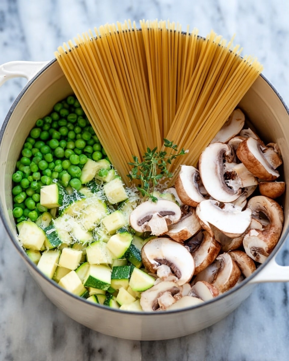 The image shows a white pot filled with uncooked long spaghetti standing upright in the center. On the left side inside the pot, there are small green peas and chopped green zucchini pieces. On the right side, there are sliced brown mushrooms with white edges layered neatly. A few green herb sprigs rest on top of the zucchini pieces, and the pot is placed on a white marbled surface. photo taken with an iphone --ar 4:5 --v 7