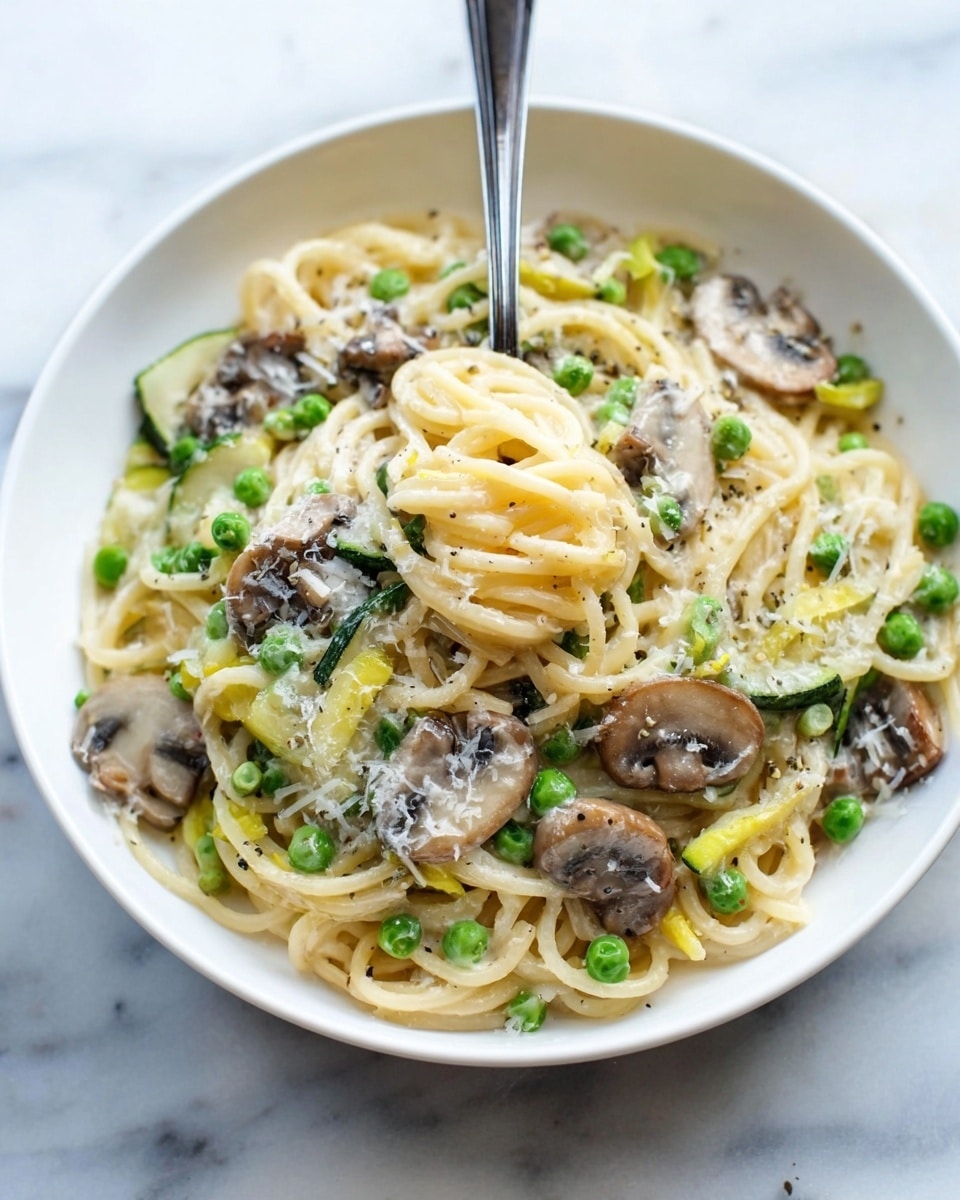 A white plate holds a serving of creamy spaghetti mixed with green peas, sliced mushrooms, and thinly sliced zucchini. The pasta is loosely twirled around a silver fork standing upright in the center. The sauce gives the pasta a soft, shiny texture, and the vegetables add green and light brown colors scattered evenly throughout the dish. The scene is set on a white marbled surface. photo taken with an iphone --ar 4:5 --v 7