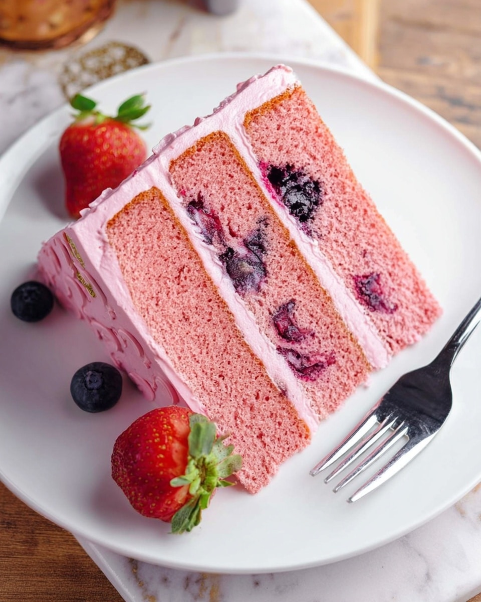 A tall, round cake with smooth pink frosting, decorated with a swirl pattern on the top. The cake is topped with fresh berries, including whole strawberries, blackberries, raspberries, blueberries, and small green sprigs. Around the base of the cake are more berries and small green leaves, adding a natural touch. The cake sits on a white marbled surface. A glass with purple-red liquid and orange slice sits blurred in the background. photo taken with an iphone --ar 4:5 --v 7