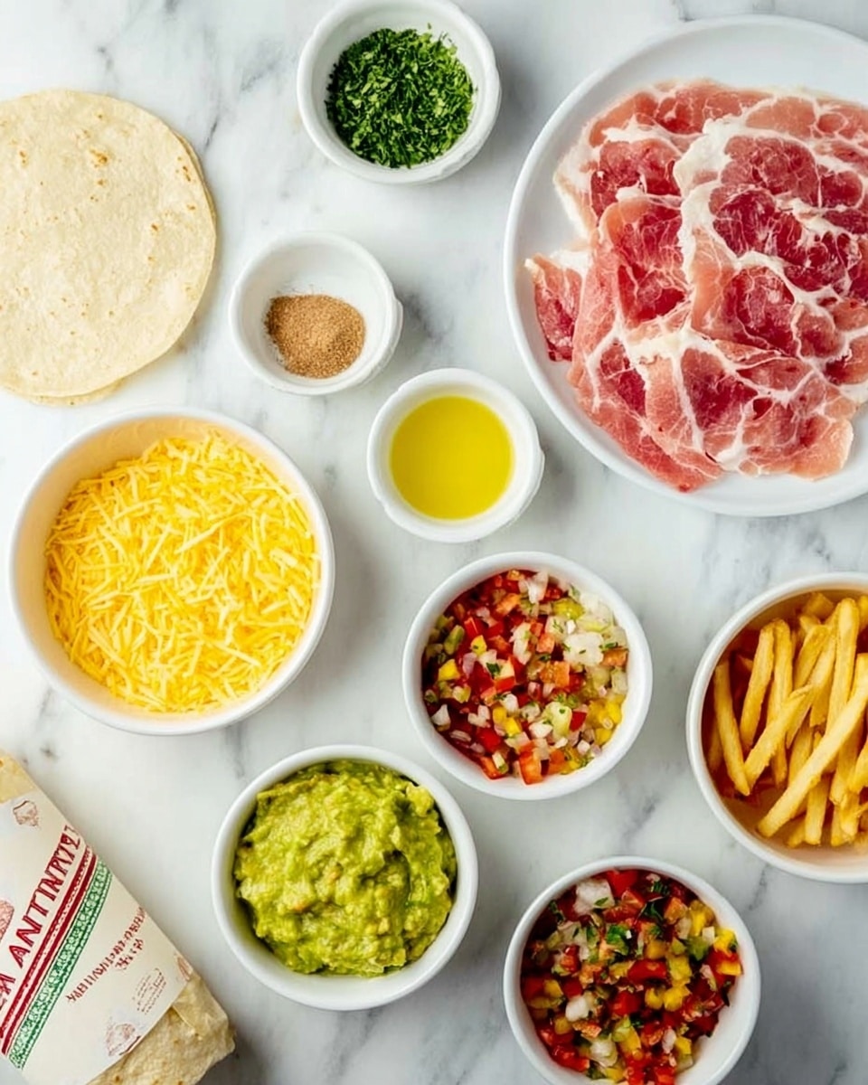 The image shows a white marbled surface with a variety of food ingredients neatly arranged. There is a white plate with thin slices of pinkish-red raw meat with white fat marbling on the top right. Surrounding it are small white bowls with different contents: one has finely chopped green herbs, another has light brown ground spices, and two contain yellowish liquids, likely oils or sauces. In the center bottom, there is a bowl of green guacamole-like paste and next to it another bowl with a mix of diced red and yellow vegetables or salsa. There's also a bowl with bright yellow shredded cheese, a small bowl of white sauce, and a bowl filled with thin yellowish French fries. At the bottom left, there is a wrapped stack of white tortillas with a colorful label. A woman's hand is not visible in the image. The whole setup is clean and brightly lit, showing clear textures and colors of each ingredient. photo taken with an iphone --ar 4:5 --v 7