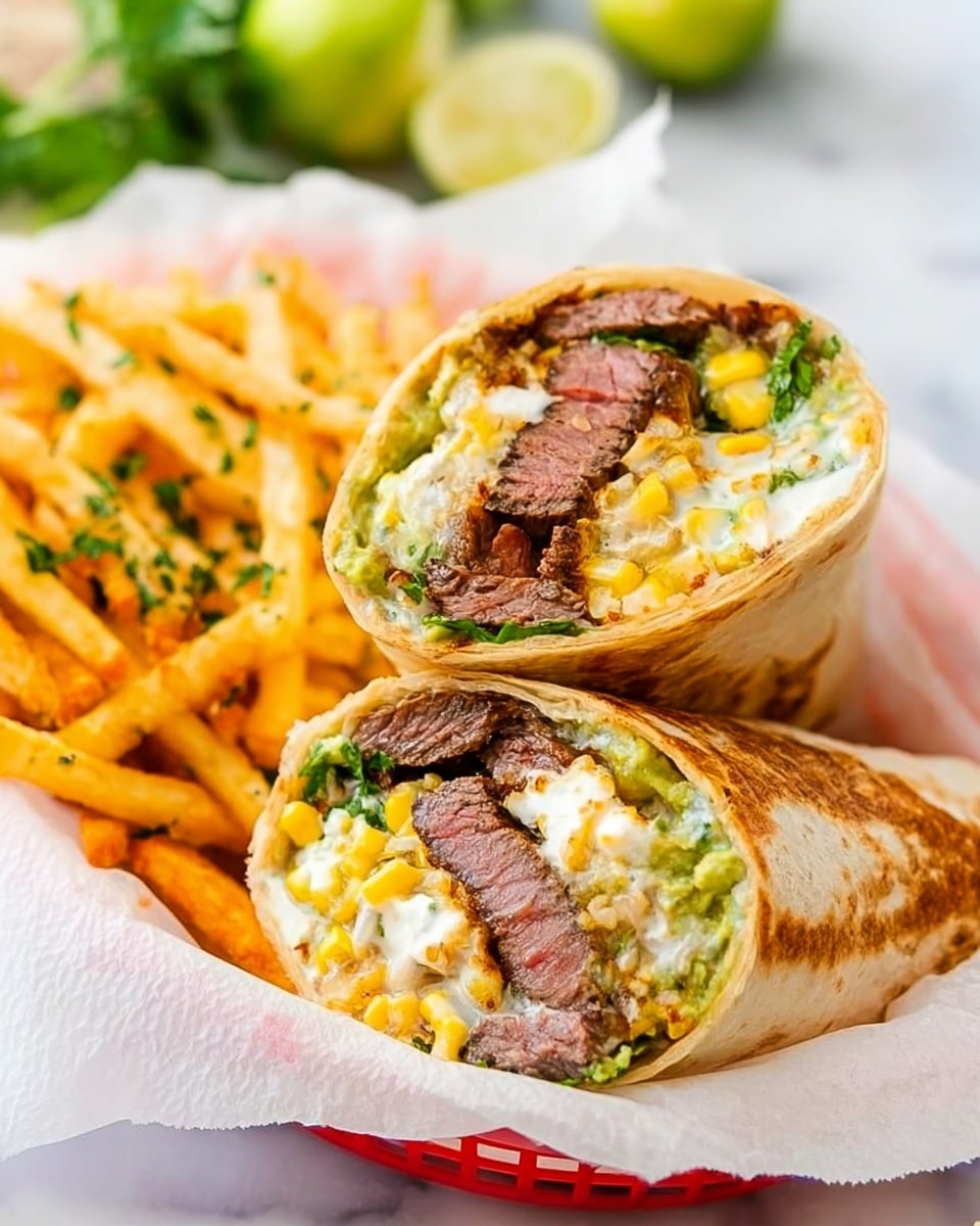 The image shows a close-up of a burrito cut in half, placed inside a white basket lined with parchment paper. The burrito has several layers: the outer layer is a soft, light tan tortilla wrap, inside it shows a thick layer of diced grilled steak with a slightly pink center, creamy white sauce or cheese, green guacamole, yellow corn kernels, and some bits of leafy lettuce or cilantro. In front of the basket, there are golden, seasoned fries garnished with green herbs. The background features a white marbled surface with halved limes and some leafy greens blurred in the distance. photo taken with an iphone --ar 4:5 --v 7