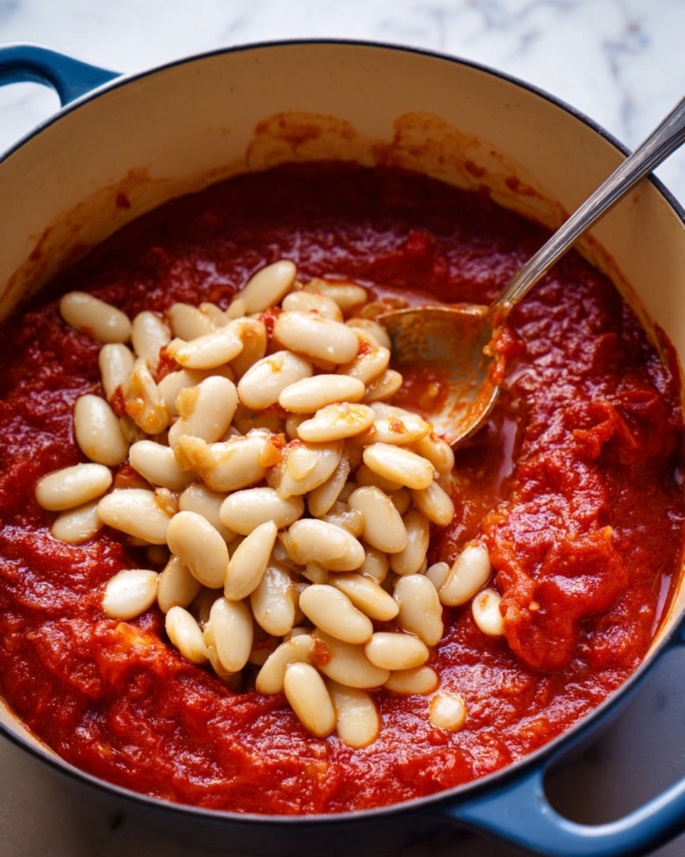 A close-up of a white pot with a blue rim filled with two main layers: the bottom layer is thick red tomato sauce, smooth with some chunky pieces of tomato, and the top layer is a heap of large, pale white beans piled in the center. A silver spoon rests inside the pot, partially under the beans, with some sauce on it. The pot sits on a white marbled surface. photo taken with an iphone --ar 4:5 --v 7