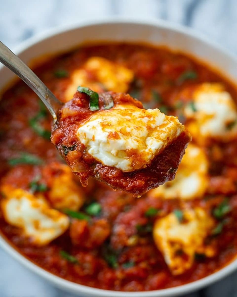 The image shows a close-up of a spoon lifting a piece of white cheese with a slightly browned top layer, surrounded by thick red tomato sauce with visible chunks and bits of green herbs. The spoon is held over a white bowl filled with more pieces of the same cheese, resting in the rich red sauce with scattered green garnishes. The background is a white marbled surface, and the cheese has a soft, creamy texture that contrasts with the chunky, vibrant sauce. photo taken with an iphone --ar 4:5 --v 7