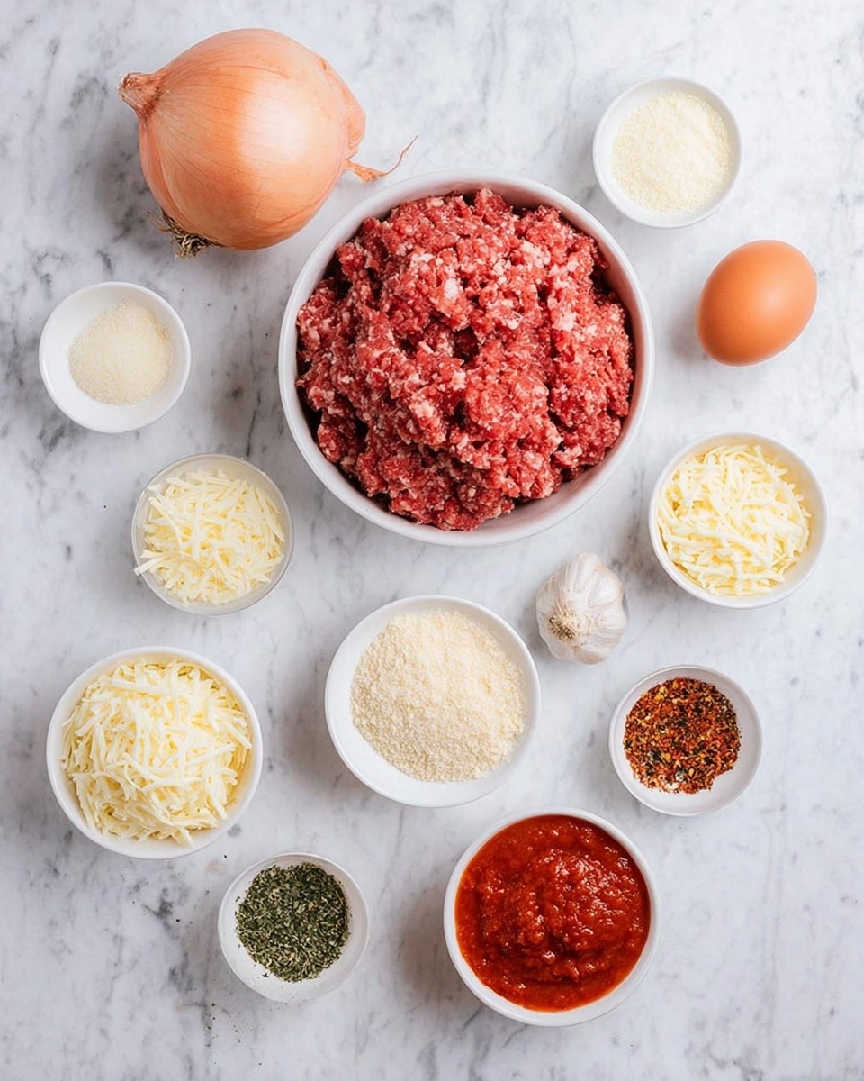 A spread of various cooking ingredients arranged neatly on a white marbled surface, including one whole peeled onion at the top left, and a large white bowl filled with bright red ground meat near the center. Around it are smaller white bowls containing shredded white cheese, grated pale yellow cheese, seasoned bread crumbs, mixed herbs, red spice, black pepper, crushed red pepper flakes, and coarse salt. A small bowl of chunky red tomato sauce is on the right side. Two garlic cloves and one whole brown egg are placed on the marbled surface among the bowls. The arrangement creates a clean, colorful view of fresh ingredients ready for cooking photo taken with an iphone --ar 4:5 --v 7