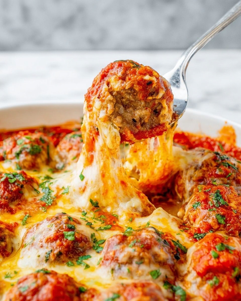 The image shows a close-up of several meatballs covered with bright red tomato sauce and melted golden-yellow cheese. The meatballs are round and have a texture showing small bits inside them. The cheese on top is stretchy and bubbling, with some fresh green herbs sprinkled all over. One meatball is lifted on a silver spoon above the others, with melted cheese stretching down from it. The background is a white marbled surface, and all the food is inside a white dish that is only partly visible. photo taken with an iphone --ar 4:5 --v 7