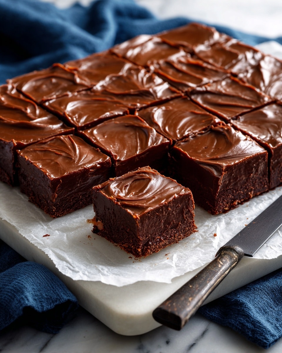A rectangular block of chocolate-covered squares rests on white parchment paper, placed on a white marbled surface. The top layer is a smooth, rich, glossy chocolate frosting with gentle swirls and a slight shine. The block is divided into small square pieces, one piece slightly pulled out from the rest on the bottom right side, revealing a lighter brown layer underneath the chocolate. A large knife with a dark handle lies to the right of the parchment paper, and a dark blue cloth is near the bottom edge of the image. The photo taken with an iphone --ar 4:5 --v 7