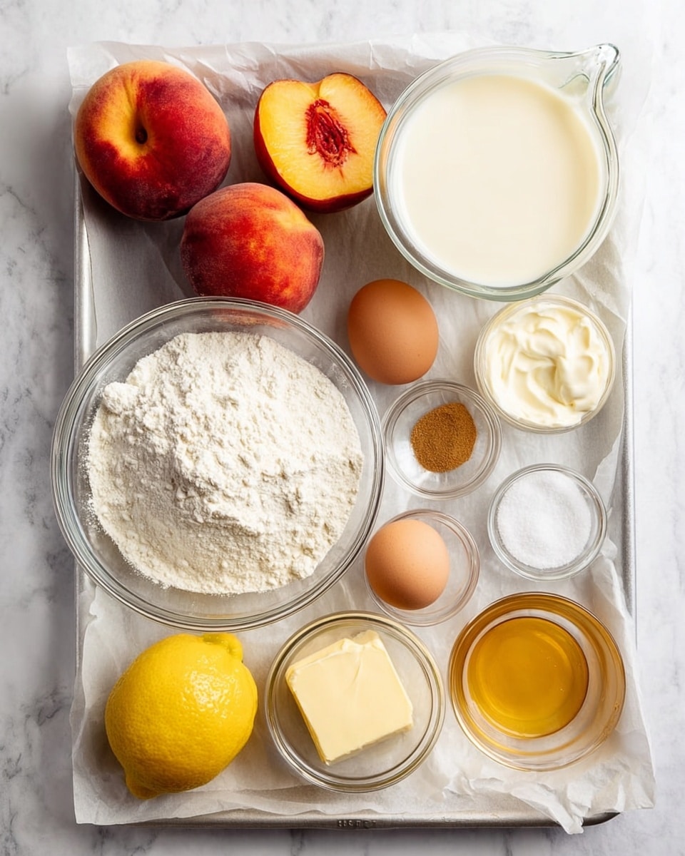 The image shows a baking tray lined with white parchment paper on a white marbled surface, holding a variety of ingredients neatly arranged. There are two whole peaches with smooth orange and red skin on the left side. Near the top right is a clear glass container filled with creamy white liquid and beside it a smaller cup with a similar but thinner white liquid. In the center is a clear bowl filled with white flour, with small glass bowls of white powder and light brown spice nearby. A half lemon with bright yellow color is placed next to a light brown egg. At the bottom are small bowls containing white powdered sugar, golden syrup, and a square of pale yellow butter. Everything is bright and clear, emphasizing fresh, raw ingredients, photo taken with an iphone --ar 4:5 --v 7