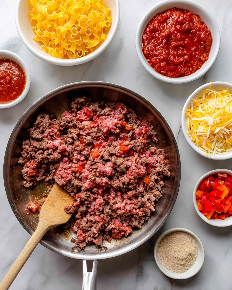 The image shows a silver pan on a white marbled surface with ground beef cooking inside. The beef is partially browned with pink still visible, showing different textures between cooked and raw meat. A wooden spoon rests in the pan, its handle extending out to the bottom of the image. Around the pan, there are six white bowls each containing separate ingredients: bright yellow uncooked pasta shells, red diced bell peppers, shredded yellow cheese, a thick red tomato sauce, a chunkier red tomato mixture, and a small bowl with a light brown powder. The scene looks ready for a cooking process with ingredients neatly arranged photo taken with an iphone --ar 4:5 --v 7