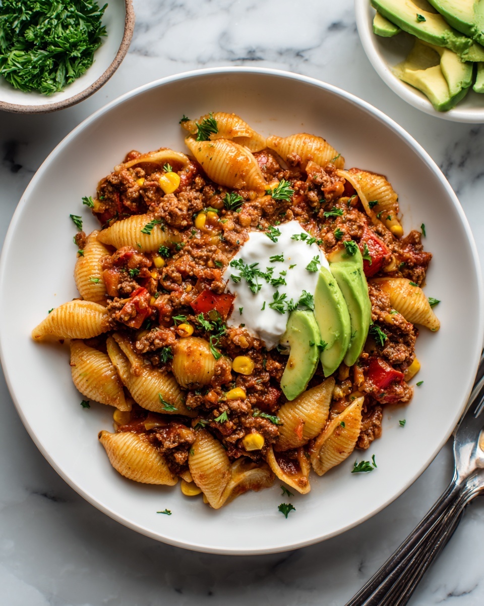 A white plate holds a serving of pasta shells mixed with a chunky, reddish-brown meat sauce, scattered with small pieces of red bell pepper and corn kernels. On top, two thin slices of bright green avocado rest next to a dollop of smooth, white sour cream, garnished with small bits of green parsley. The plate sits on a white marbled surface, with a bowl of sliced avocado visible nearby. photo taken with an iphone --ar 4:5 --v 7