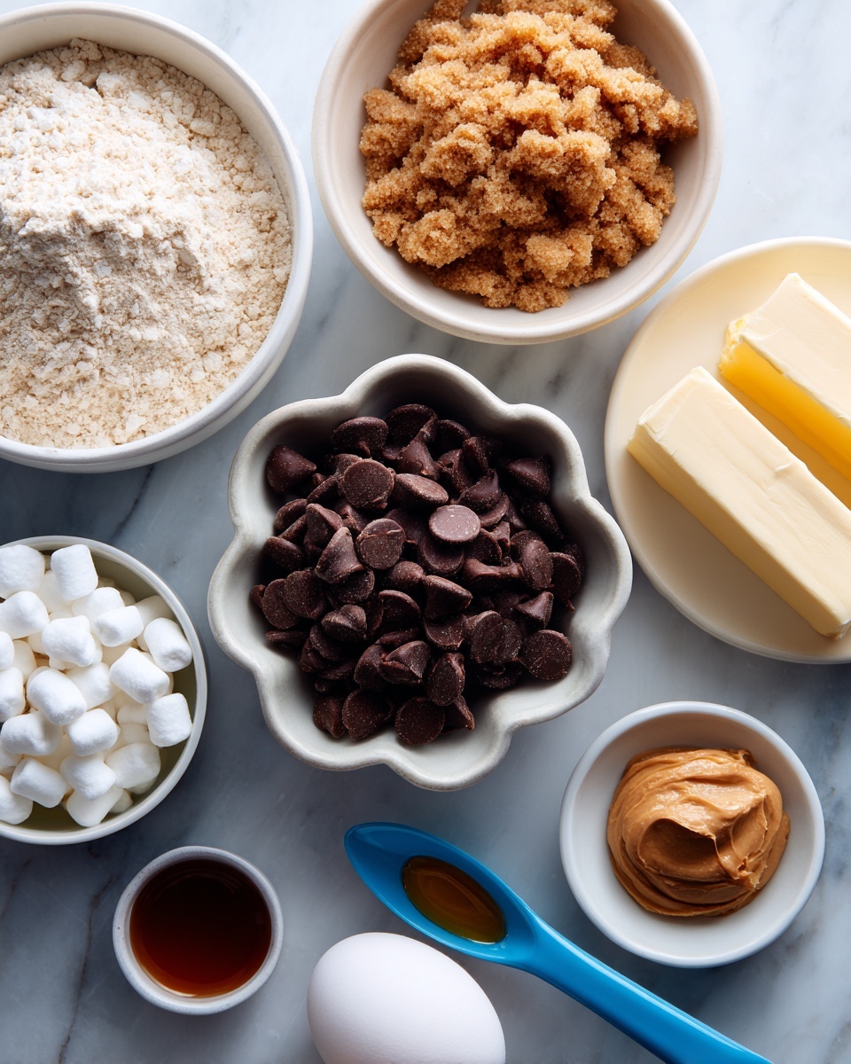 The image shows an overhead view of several small white bowls and a white plate arranged on a white marbled surface. At the top left, a white bowl holds a powdery mix of flour, baking soda, and salt, with a light beige color. To the right, a white bowl contains clumped brown sugar with a rough texture. Below that, a white plate holds sticks of solid butter in a pale yellow shade. On the left side, a flower-shaped white bowl is filled with shiny, dark brown chocolate chips. Near the bottom center, a small white bowl holds a single white egg. A blue measuring cup at the bottom left is filled with soft, white mini marshmallows. To the right of the egg, a small white dish holds a dark amber liquid, vanilla extract. Next to that, a blue spoon holds smooth, light brown peanut butter. The surface is clean and well-lit, showing clear details of each ingredient, photo taken with an iphone --ar 4:5 --v 7